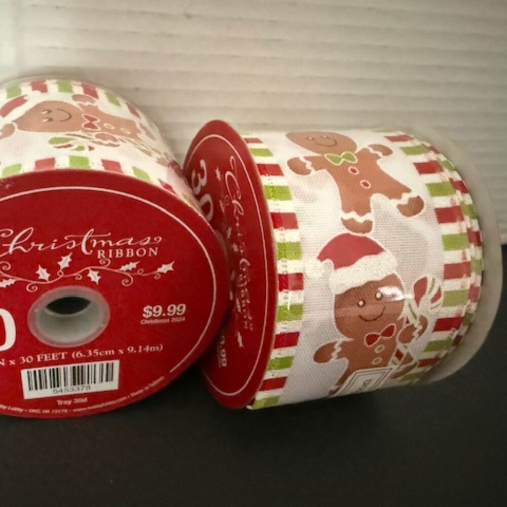 2 NEW Gingerbread Man Candy-Cane  Glitter  Wired Edge Ribbon - 2.5” x 30 Ft